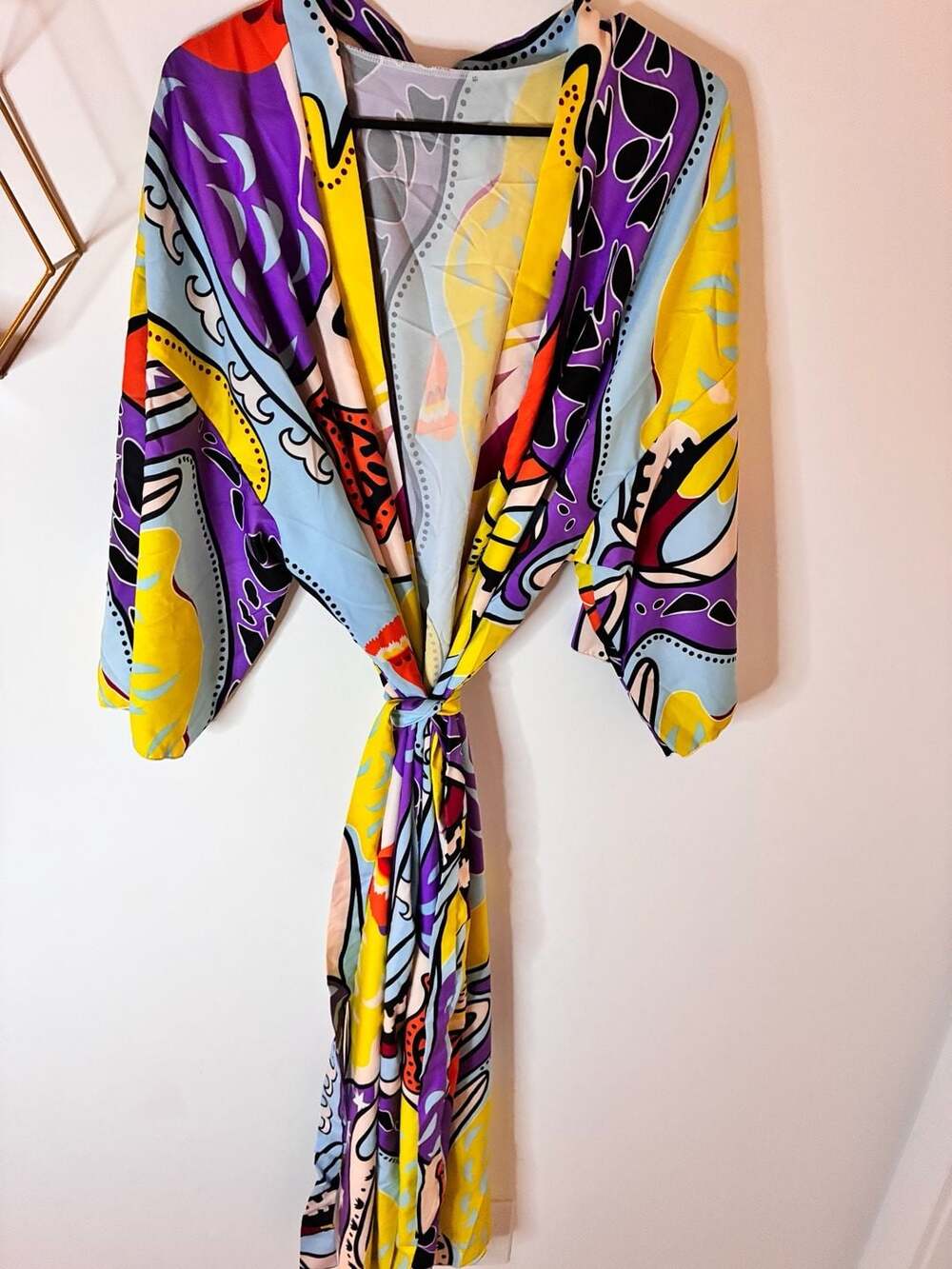 Women’s Colorful Abstract Print Long Kimono Duster with Tie Size L